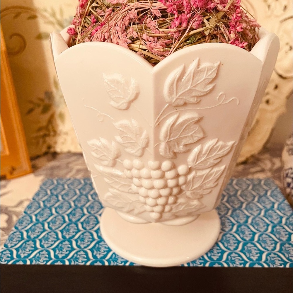 Pink Milk Glass Small Planter.  Grape Motif. Napco.